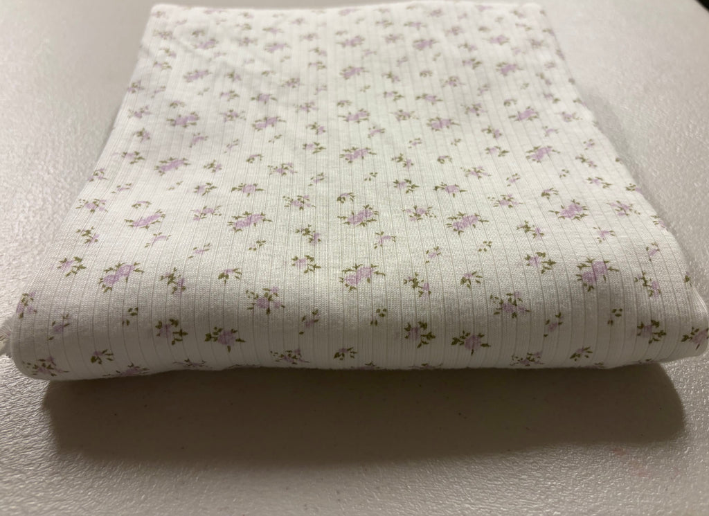 Prewashed 100% Cotton Floral Rib Knit Fabric | Soft Lavender Floral Print | 48” Wide