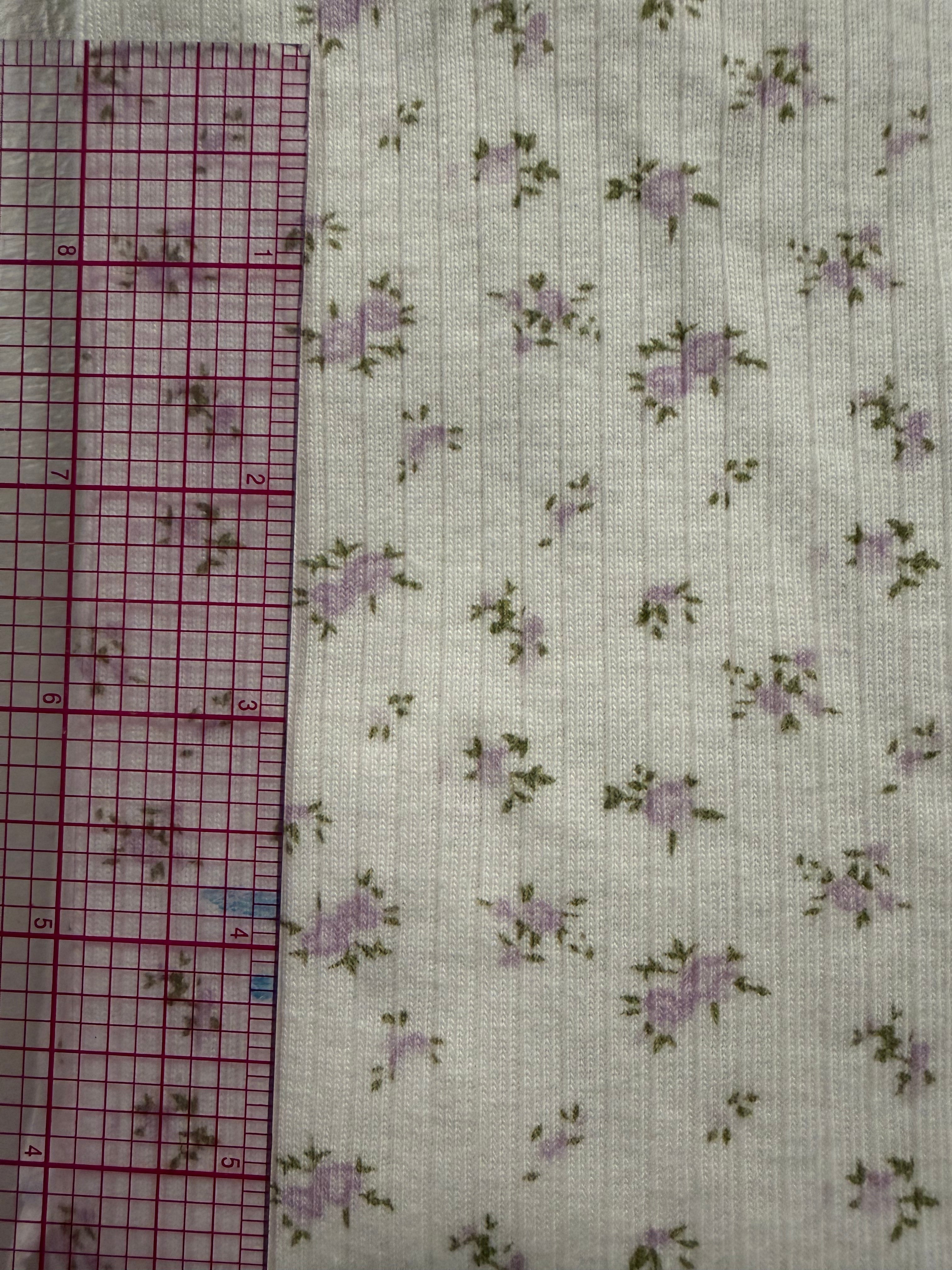 Prewashed 100% Cotton Floral Rib Knit Fabric | Soft Lavender Floral Print | 48” Wide